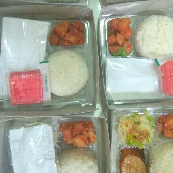 Paket Nasi Galantine mie kentang balado buah kerupuk airmineral